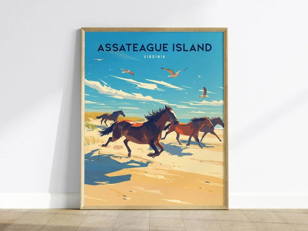 A framed poster features wild horses galloping along a sandy shoreline under a vivid blue sky with seagulls flying. The text reads Assateague Island Virginia.
