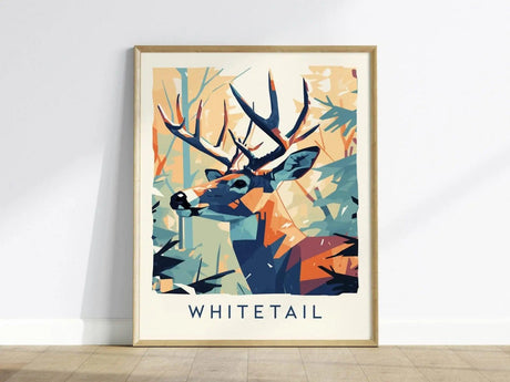 A framed poster featuring a stylized vector illustration of a whitetail deer with prominent antlers, set against a colorful abstract background. The word WHITETAIL is displayed at the bottom.