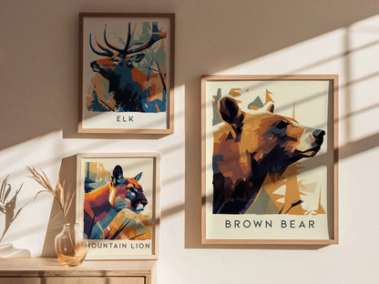 Brown Bear, Wildlife Series, Alaska Framed Wall Art - North American Grizzly Big Game Nature Poster Design Print Mountain Cabin Decor Set