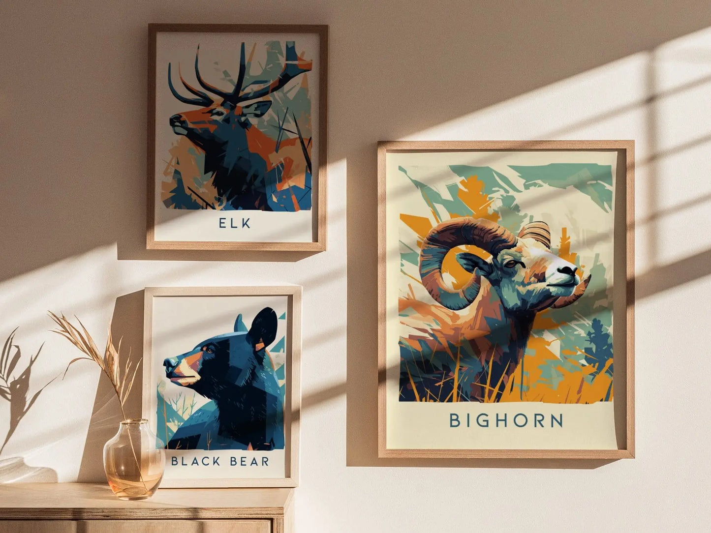 Bighorn, Wildlife Series, Ram Sheep Framed Wall Art - North American Big Game Nature Poster Design Print Montana Hunter Hunt Cabin Decor Set