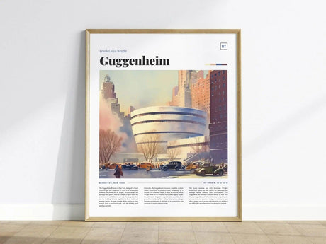 Framed poster featuring a watercolor illustration of the Guggenheim Museum by Frank Lloyd Wright, showcasing its iconic spiraling structure against a cityscape backdrop.