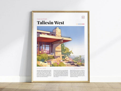 Framed poster featuring an artistic illustration of Taliesin West, showcasing Frank Lloyd Wrights architectural design in a desert setting.