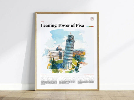 A framed poster of the Leaning Tower of Pisa with watercolor illustrations, featuring the towers iconic tilt and surrounding buildings, displayed against a white wall.
