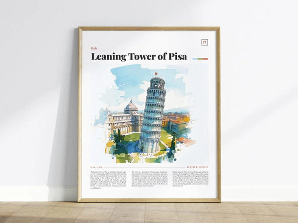 A framed poster of the Leaning Tower of Pisa with watercolor illustrations, featuring the towers iconic tilt and surrounding buildings, displayed against a white wall.