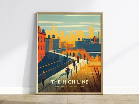 Natural wood framed High Line NYC poster showing Manhattan elevated park and Meatpacking District landmark art