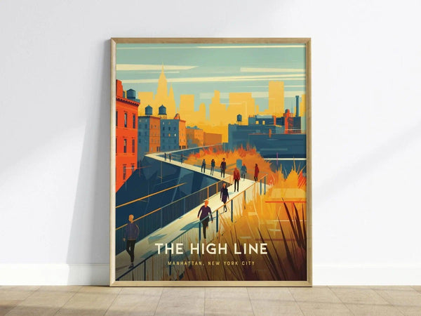 Natural wood framed High Line NYC poster showing Manhattan elevated park and Meatpacking District landmark art