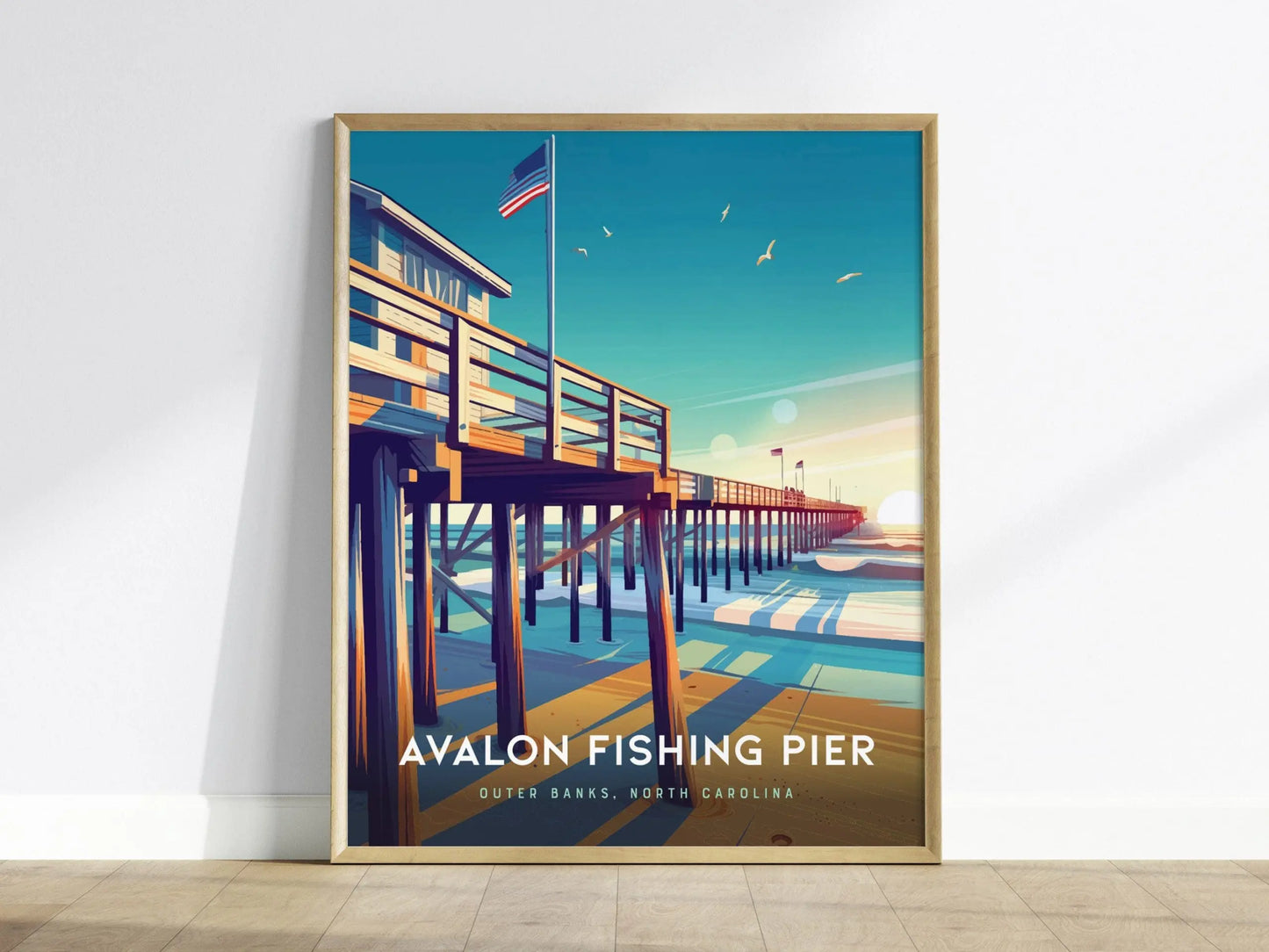 Outer Banks Avalon Fishing Pier Framed Travel Poster, Avalon Fishing Pier Wall Art, OBX North Carolina Kill Devil Hills Poster, Airbnb Decor