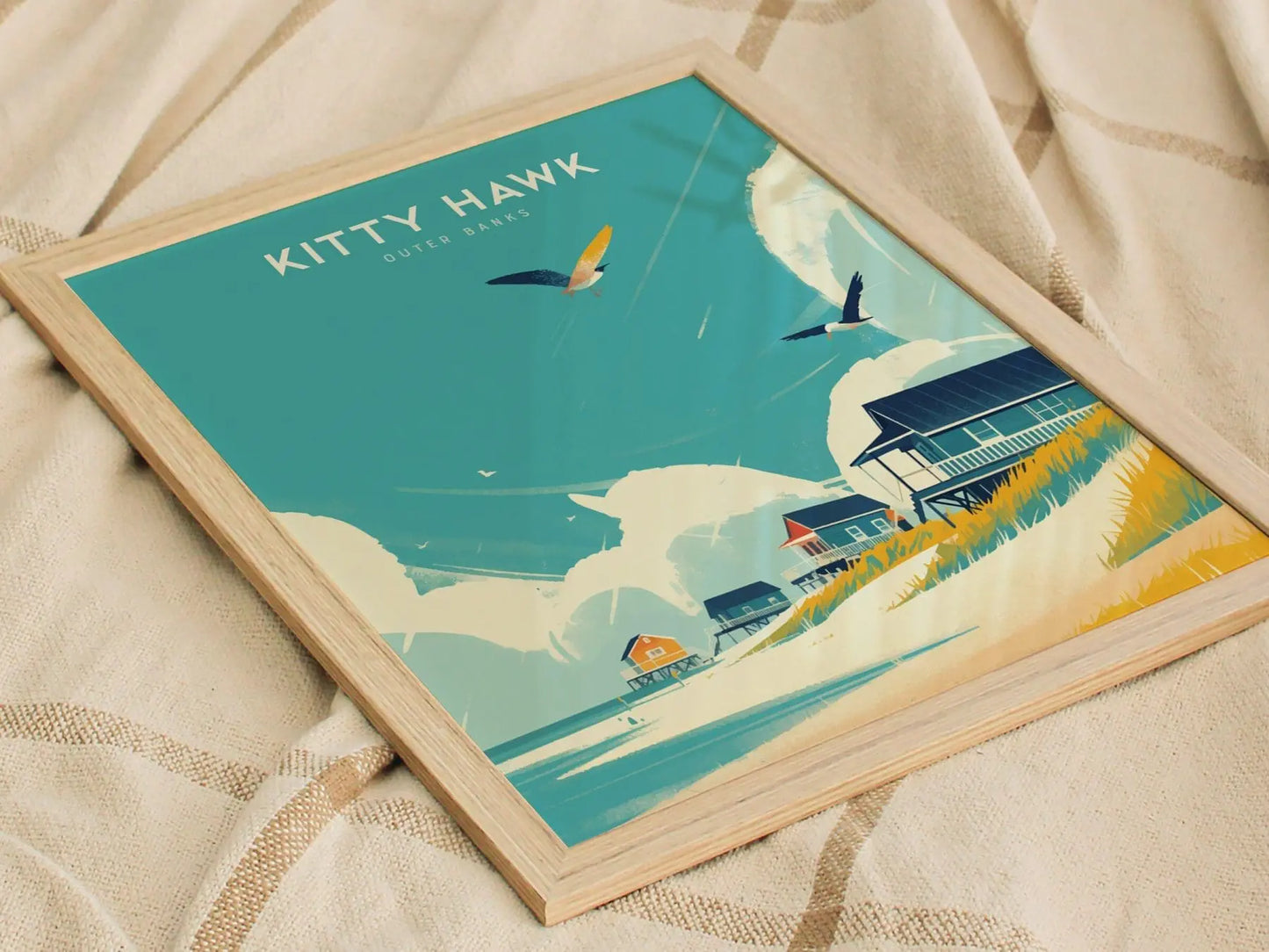 Kitty Hawk Outer Banks Framed Travel Poster, Kitty Hawk Beach Wall Art, OBX North Carolina Kitty Hawk Poster, Atlantic Coastal Home Decor