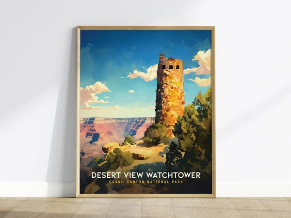 A framed poster of the Desert View Watchtower at Grand Canyon National Park, with vibrant colors depicting the stone tower against a blue sky and canyon backdrop.