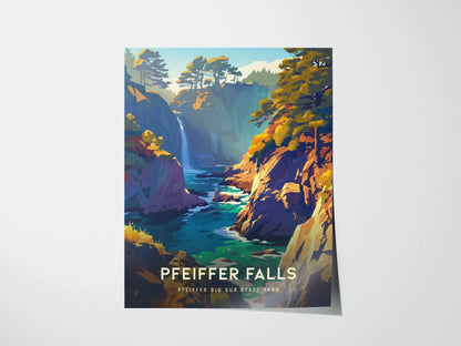 Pfeiffer Falls Big Sur State Park Framed Travel Print, California Big Sur Travel Poster, Pfeiffer Big Sur State Park Artwork, California Art