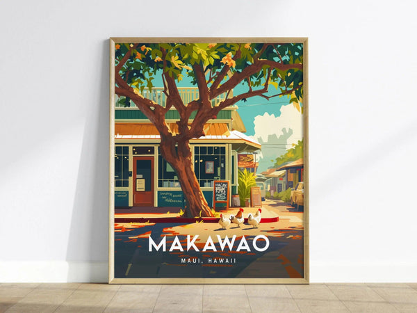 A framed poster depicting a charming Makawao street with a large tree, storefront, chickens, and vibrant foliage, emphasizing the quaint, artistic atmosphere of Maui, Hawaii.