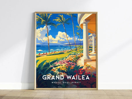 A vibrant poster of the Grand Wailea Hotel showcases a picturesque view of Wailea Beach, featuring lush gardens, colorful flowers, and swaying palm trees against a bright blue sky and ocean backdrop.