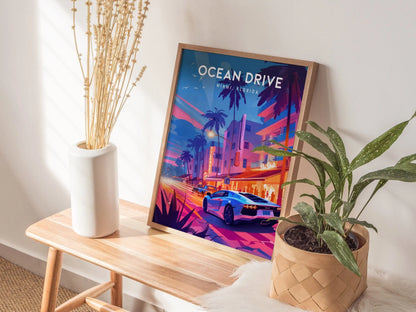 Ocean Drive, South Beach, Miami, Florida Framed Wall Art - Night Life Lamborghini FL Minimal 80s Style Poster Design Travel Print Home Decor