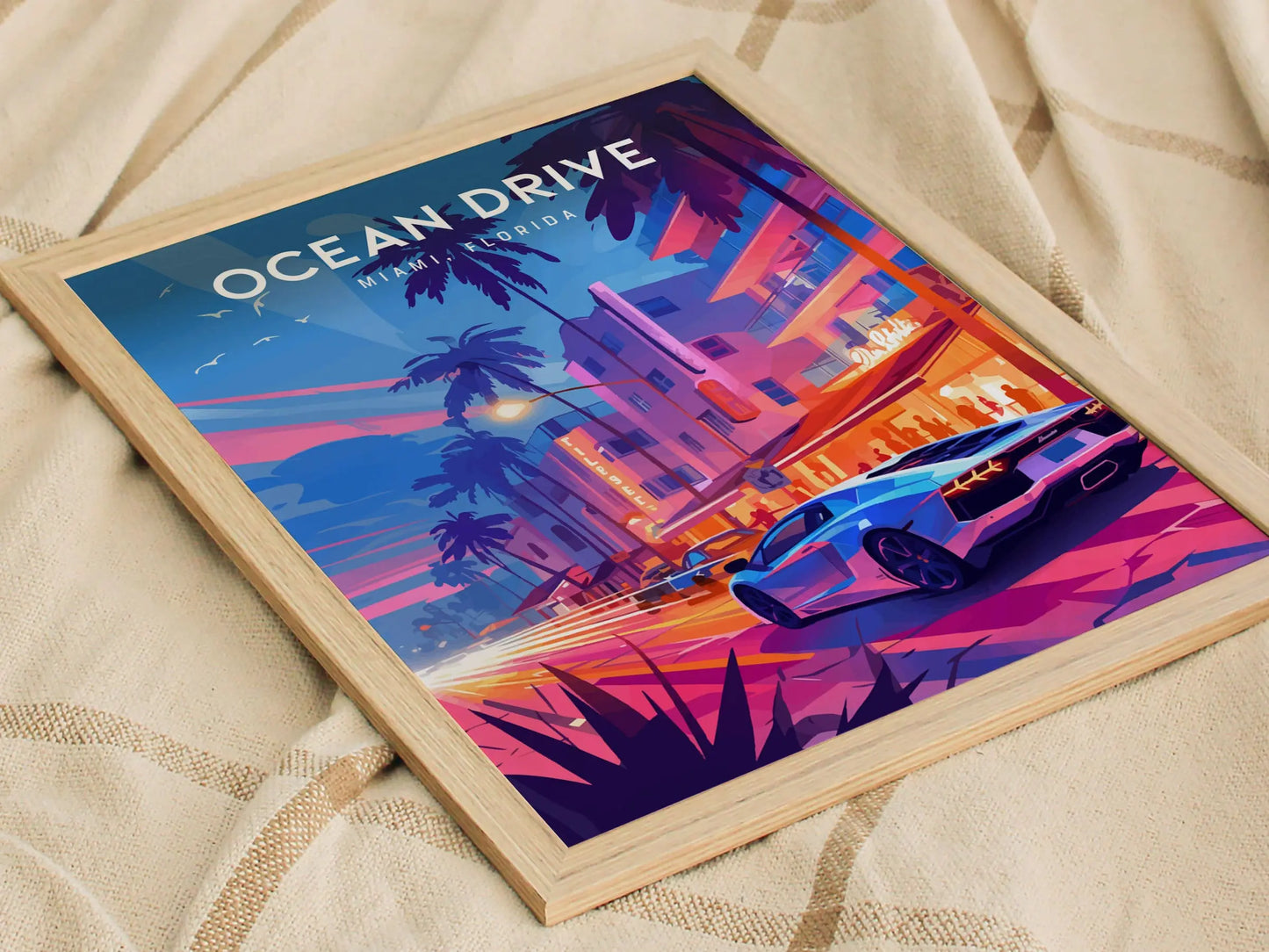 Ocean Drive, South Beach, Miami, Florida Framed Wall Art - Night Life Lamborghini FL Minimal 80s Style Poster Design Travel Print Home Decor