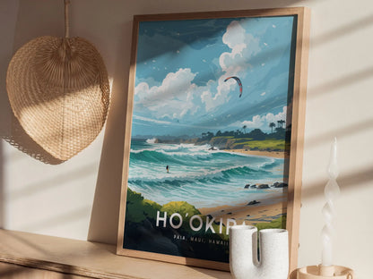 Ho'okipa Beach, Maui, Hawaii - Hookipa Wind Kite Surf Surfing Framed Wall Art Poster Design Travel Island Tropical Print Gift Home Decor