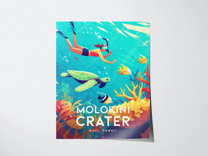 Molokini Crater, Maui, Hawaii | Snorkel Dive Sea Turtle Island Framed Wall Art Poster Travel Artwork Hawaiian Tropical Decor Honeymoon Gift