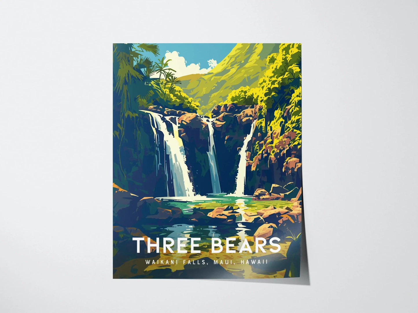 Three Bears Falls, Upper Waikani Waterfall, Maui, Hawaii | Island Framed Wall Art Poster Travel Artwork Hawaiian Tropical Hana Decor Gift