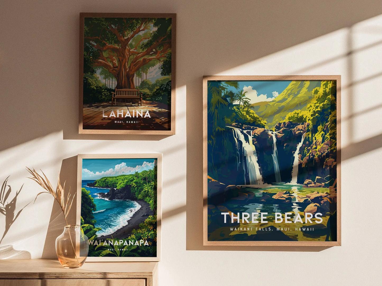 Three Bears Falls, Upper Waikani Waterfall, Maui, Hawaii | Island Framed Wall Art Poster Travel Artwork Hawaiian Tropical Hana Decor Gift