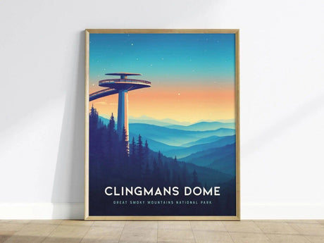 A vibrant poster of Clingmans Dome showcases the iconic observation tower set against a gradient sky transitioning from blue to orange.
