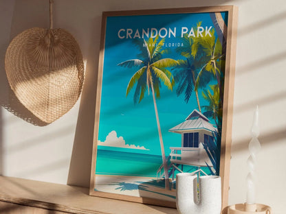 Crandon Park Beach, Miami, Florida Framed Wall Art - Lifeguard Tower South FL Minimal Tropical Poster Design Travel Print Home Decor Artwork