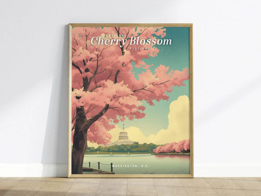 National Cherry Blossom Festival, Washington DC Framed Travel Poster, Trendy Travel Print for DC Airbnb Home Decor, Living Room Wall Art