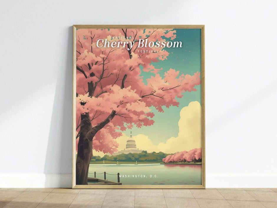 National Cherry Blossom Festival, Washington DC Framed Travel Poster, Trendy Travel Print for DC Airbnb Home Decor, Living Room Wall Art - Swell Scenes