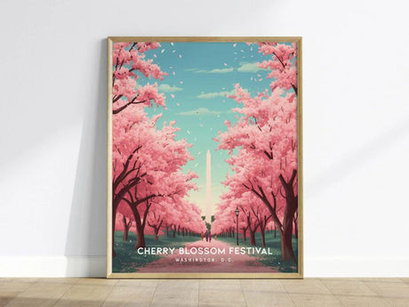 A vibrant poster depicting the Cherry Blossom Festival, featuring soft pink cherry trees lining a pathway leading to the Washington Monument, set against a serene blue sky. The artwork captures the essence of spring in Washington, D.C.