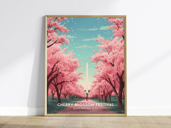 A vibrant poster depicting the Cherry Blossom Festival, featuring soft pink cherry trees lining a pathway leading to the Washington Monument, set against a serene blue sky. The artwork captures the essence of spring in Washington, D.C.