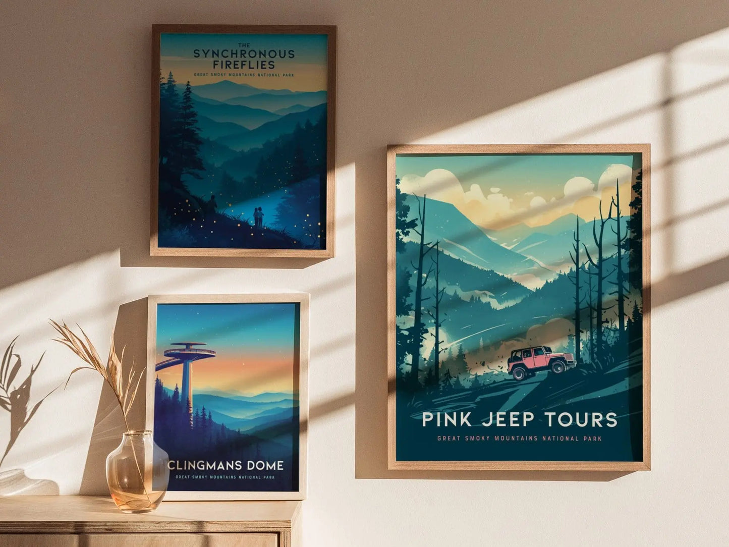 Pink Jeep Tours at Great Smoky Mountains National Park Framed Travel Print, Great Smoky Mountain National Park Travel Poster, Pink Jeep Art