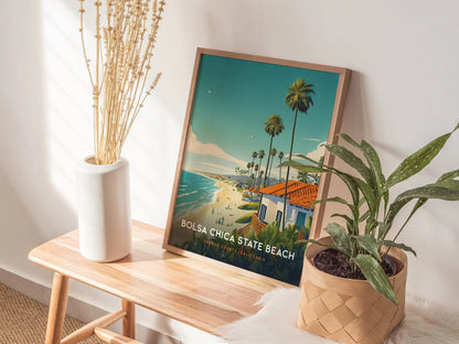 Bolsa Chica State Beach Framed Travel Poster, Orange County California Wall Art, Huntington Beach Poster, Pacific Coastal Home Airbnb Decor