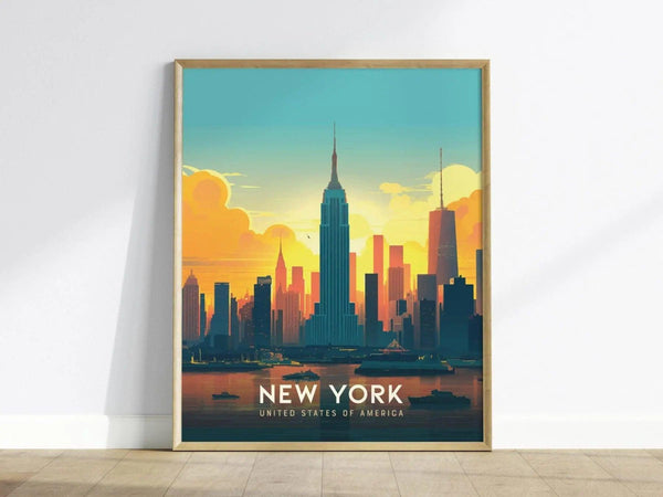 Framed poster of the New York City skyline features iconic skyscrapers against a vibrant, colorful sunset backdrop. Text reads New York, United States of America at the bottom.