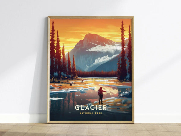A vibrant illustration of Glacier National Park showcases a serene landscape with a person standing by a reflective lake, surrounded by tall evergreen trees and majestic mountains in the background.