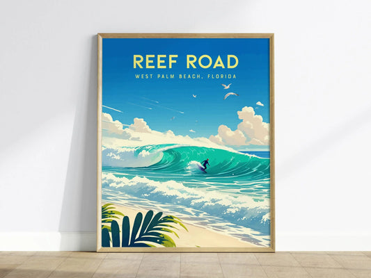 Reef Road, West Palm Beach, Florida Framed Wall Art - Surfing Wave Beach House Barrel Surf Poster Travel Print Surfer Gift Home Decor Set