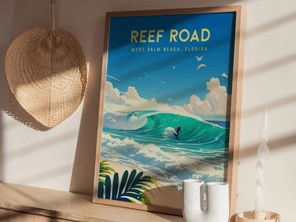 Reef Road, West Palm Beach, Florida Framed Wall Art - Surfing Wave Beach House Barrel Surf Poster Travel Print Surfer Gift Home Decor Set