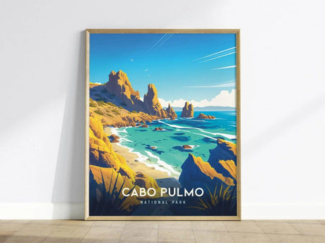 Framed poster of Cabo Pulmo National Park features vibrant coastal cliffs, turquoise waters, and a clear blue sky, capturing a picturesque marine landscape.