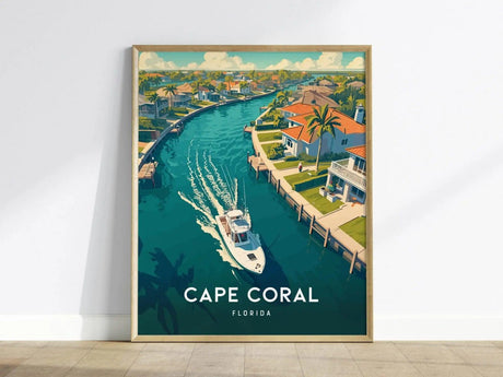 A vibrant art print of Cape Coral, Florida, showcases a fishing boat gliding through serene, canal-lined waters. The scene features tropical homes with palm trees and docks, capturing the essence of the areas coastal charm.