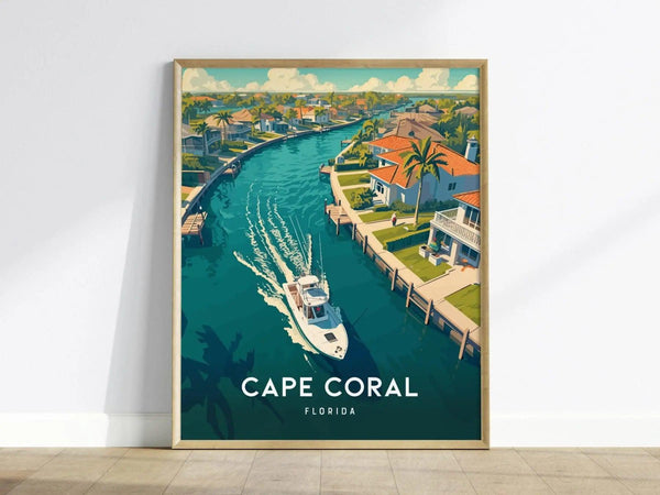 A vibrant art print of Cape Coral, Florida, showcases a fishing boat gliding through serene, canal-lined waters. The scene features tropical homes with palm trees and docks, capturing the essence of the areas coastal charm.