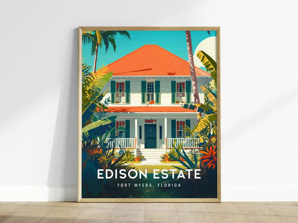 A framed poster depicts a vibrant illustration of a house with a red roof, surrounded by lush tropical foliage. Text reads Edison Estate, Fort Myers, Florida.
