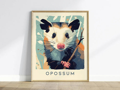 A framed poster of an opossum with a stylized, colorful design features the animals face and tail. It rests against a white wall on a wooden floor.