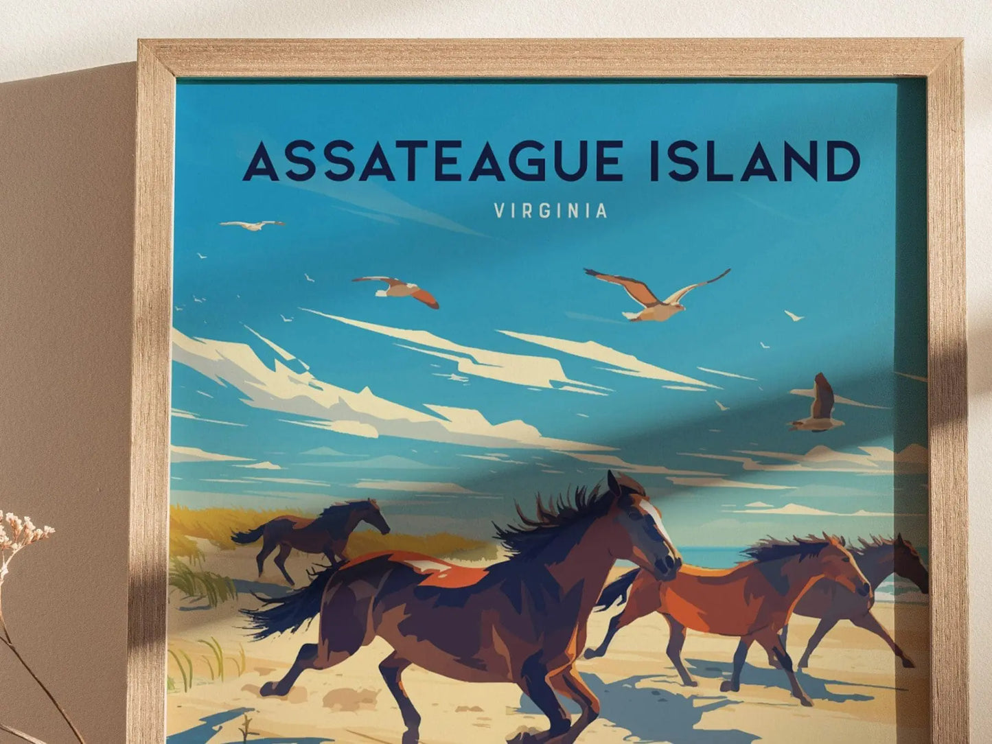 Assateague Island Framed Travel Poster, Assateague Island Travel Poster Print, Virginia Assateague Island Art, Atlantic Coastal Home Decor