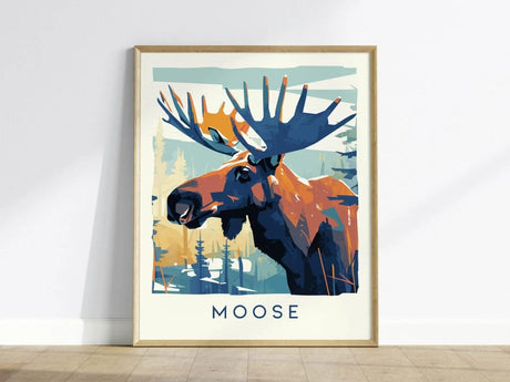 A framed poster features a stylized illustration of a moose with large antlers against a forest background. The word MOOSE is printed at the bottom.