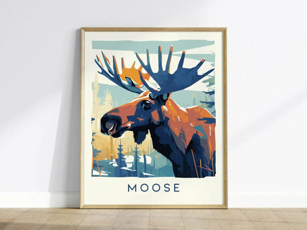 A framed poster features a stylized illustration of a moose with large antlers against a forest background. The word MOOSE is printed at the bottom.