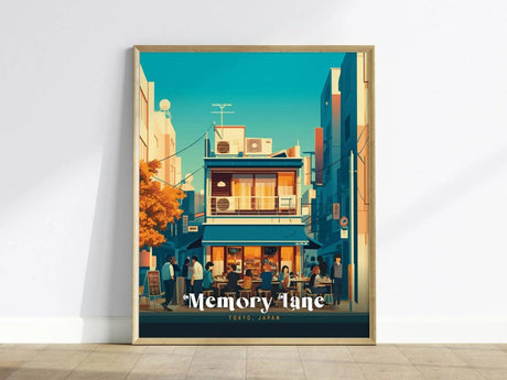 Framed poster depicting a vibrant Tokyo street scene with people dining, colorful buildings, and a bright blue sky. Text reads Memory Lane, Tokyo, Japan.