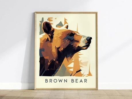 A framed modern poster of a brown bear in a geometric, vector style, set against a light background with the words BROWN BEAR at the bottom.