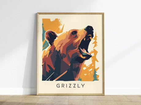 A framed poster featuring a modern, vector-style portrait of a roaring grizzly bear against an abstract orange and teal background. The word GRIZZLY is displayed at the bottom.