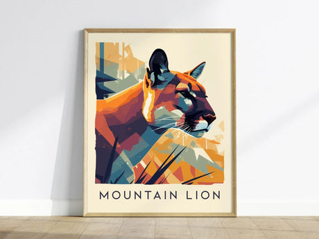 A framed poster of a stylized mountain lion in vibrant geometric colors, including orange, blue, and purple, against a light background. The text MOUNTAIN LION is visible below.