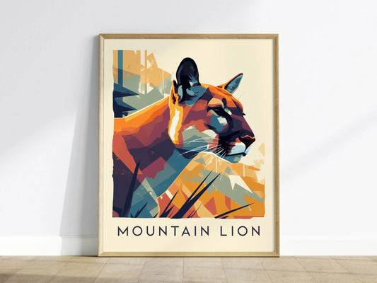 Mountain Lion, Wildlife Series, Big Cat Framed Wall Art - North American Cougar Puma Nature Poster Design Print California Cabin Decor Set