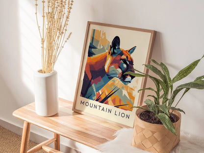 Mountain Lion, Wildlife Series, Big Cat Framed Wall Art - North American Cougar Puma Nature Poster Design Print California Cabin Decor Set