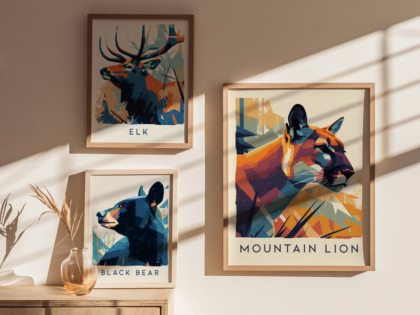 Mountain Lion, Wildlife Series, Big Cat Framed Wall Art - North American Cougar Puma Nature Poster Design Print California Cabin Decor Set