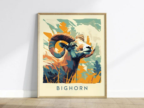 A framed poster featuring a modern vector illustration of a Bighorn ram with prominent curved horns, set against an abstract background with orange, blue,.
